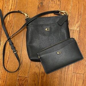 Coach -KITT Black Leather Crossbody with Gold-Tone Accents with leather wristlet